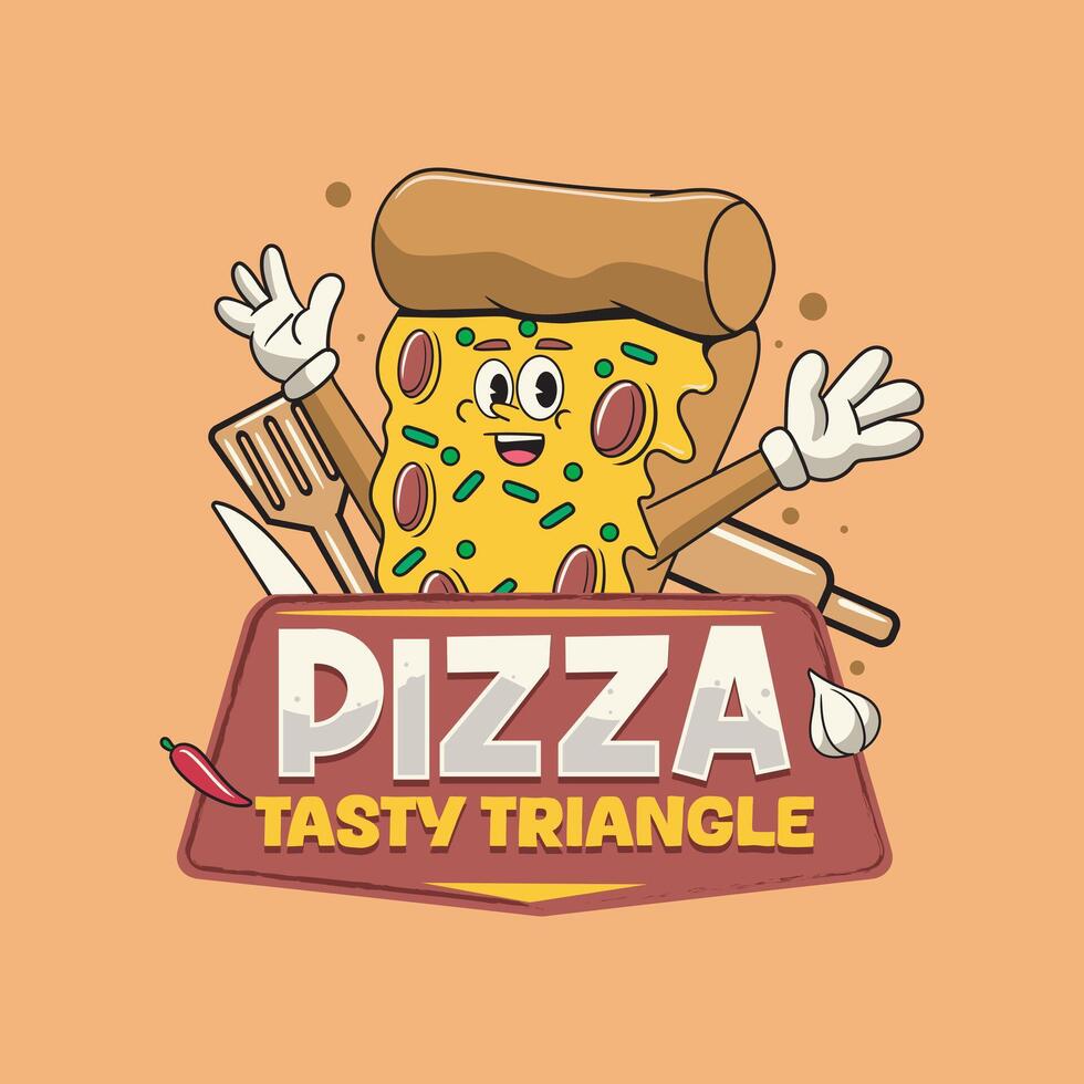Fast Food Funny Pizza Cartoon Character Illustration in Vintage Style vector