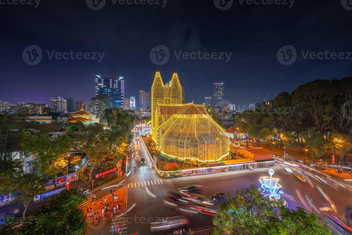 long exposure view of Notre Dame Cathedral or Duc Ba church, special worship place in central of Ho Chi Minh city. Before Christmas Day in Vietnam. photo