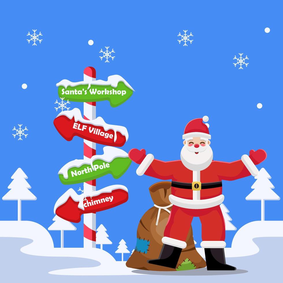 Flat illustration merry christmas with santa claus with wooden direction plank vector