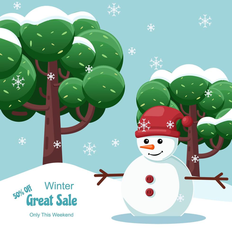 Flat illustration snowman and tree with snowfall, winter great sale vector
