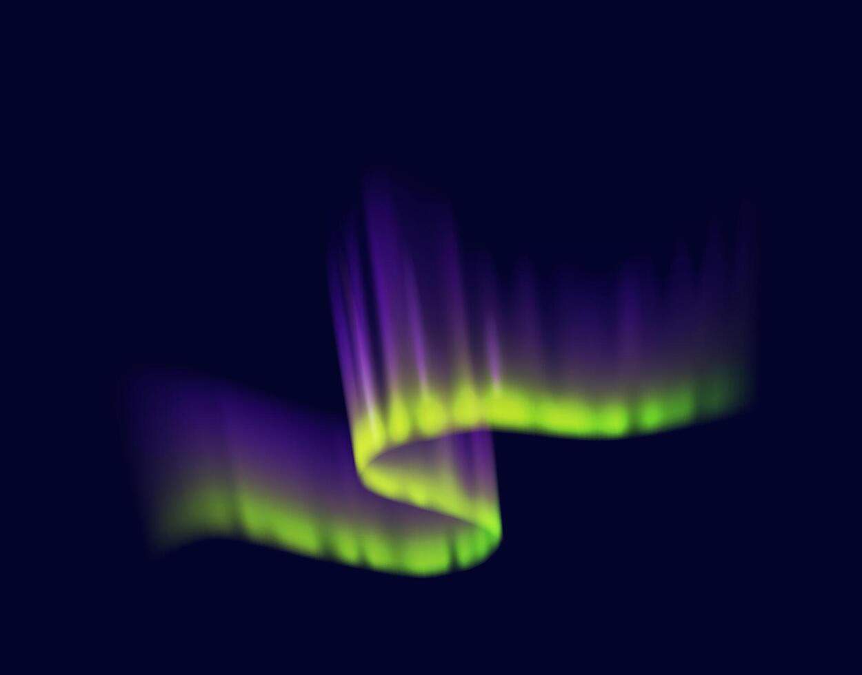 Aurora borealis illuminating night sky realistic illustration. Purple and green light wave beauty 3d object on dark background vector