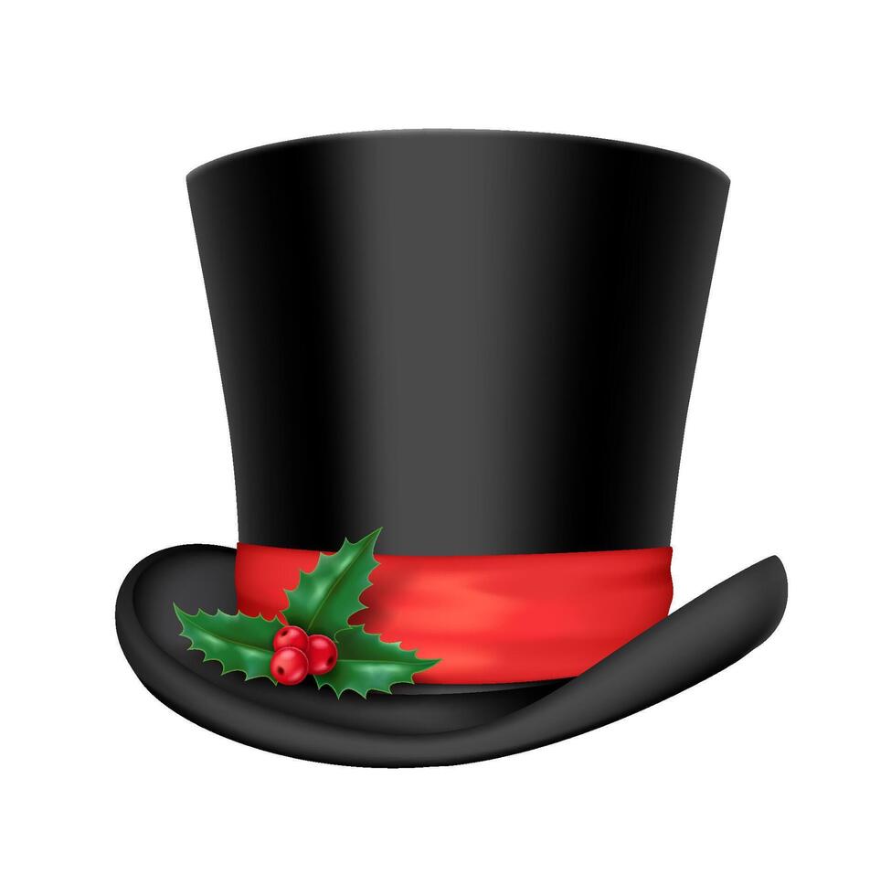 Black top hat with red ribbon and holly berries realistic illustration. Elegant accessory for Christmas party 3d object on white vector