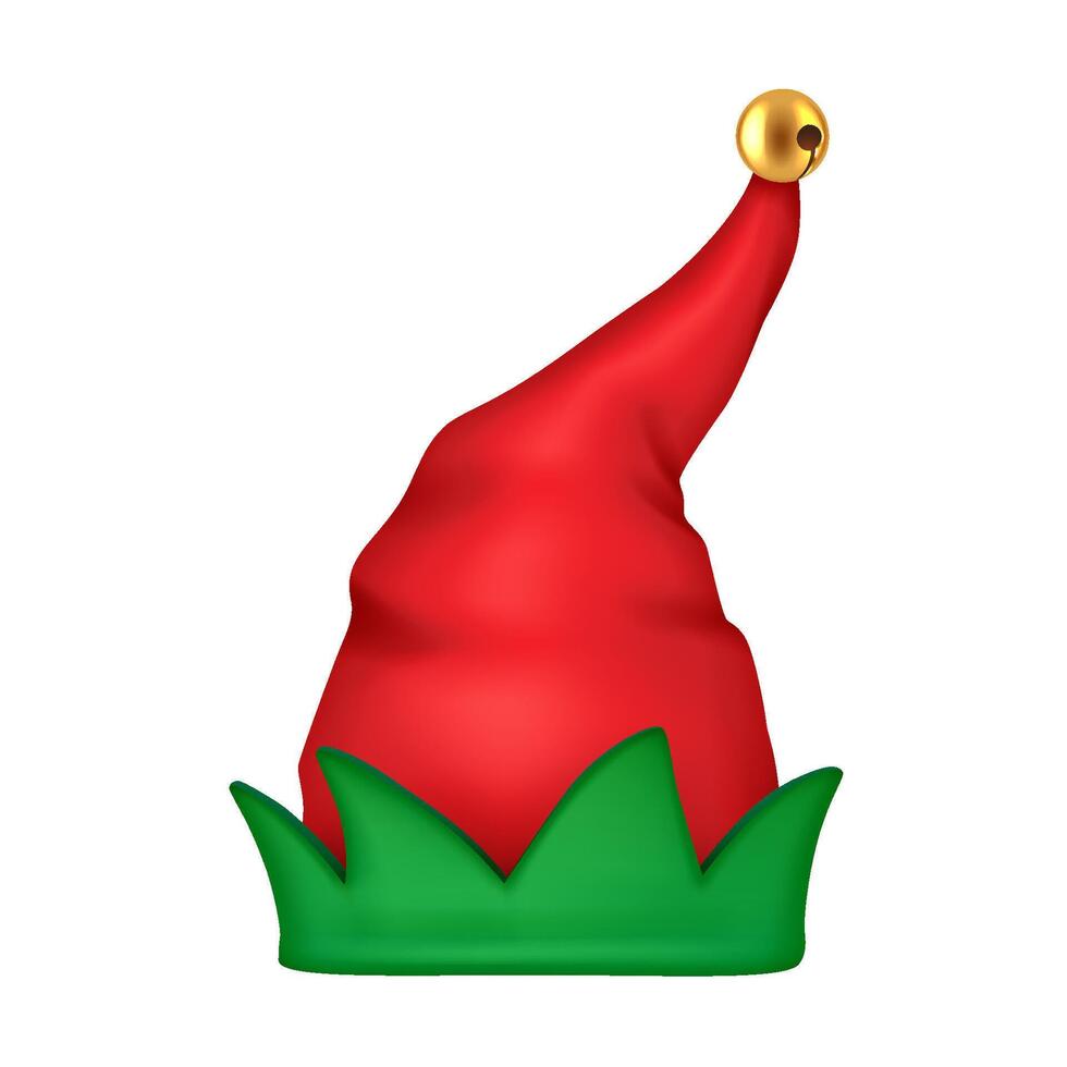 Red Christmas elf hat with golden bell and green edge realistic illustration. Festive whimsical holiday atmosphere 3d object on white vector
