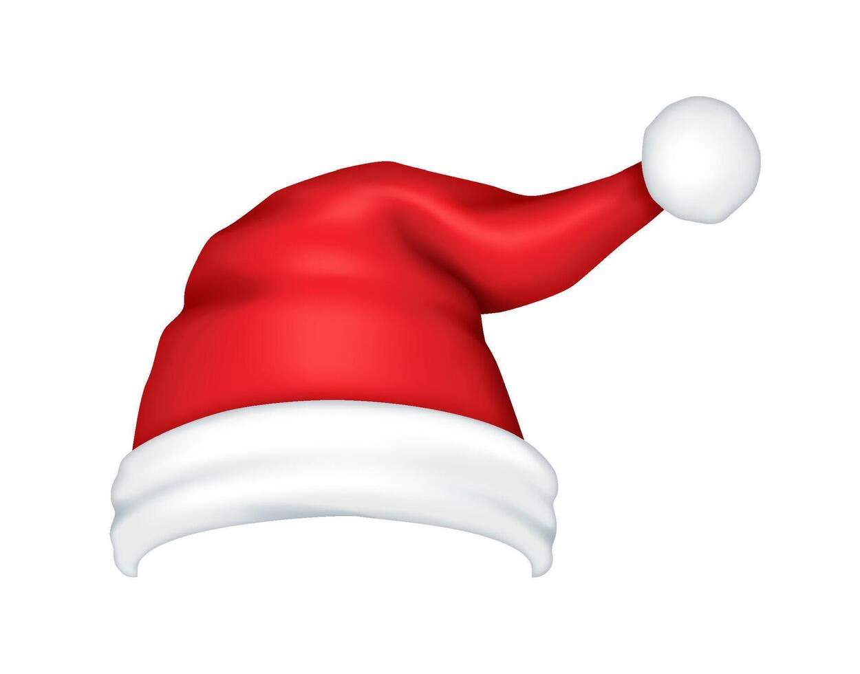 Red Santa Claus hat with fluffy pompom realistic illustration. Christmas holiday celebration costume 3d object on white background vector