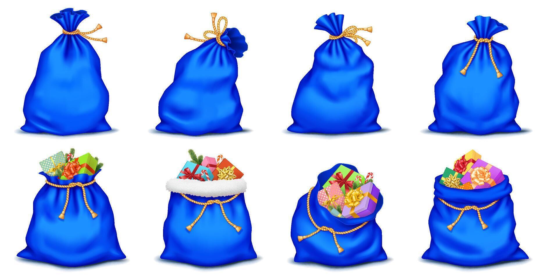 Blue Santa Claus bags with golden ropes and presents realistic color icons set. Christmas gifts in sacks 3d objects bundle on white background vector
