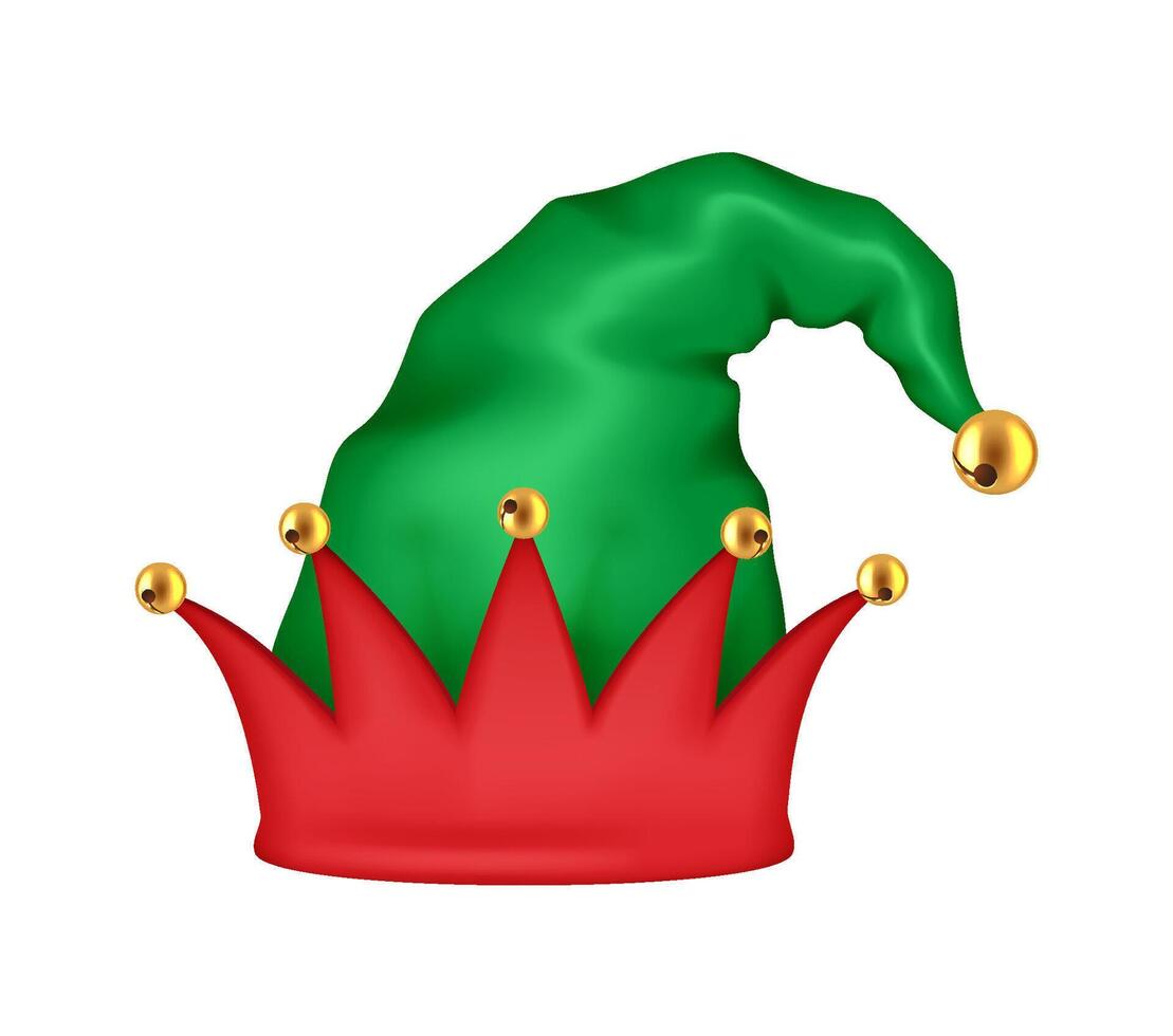 Christmas elf hat with golden bells realistic illustration. Funny cap capturing essence of holiday spirit 3d object on white background vector