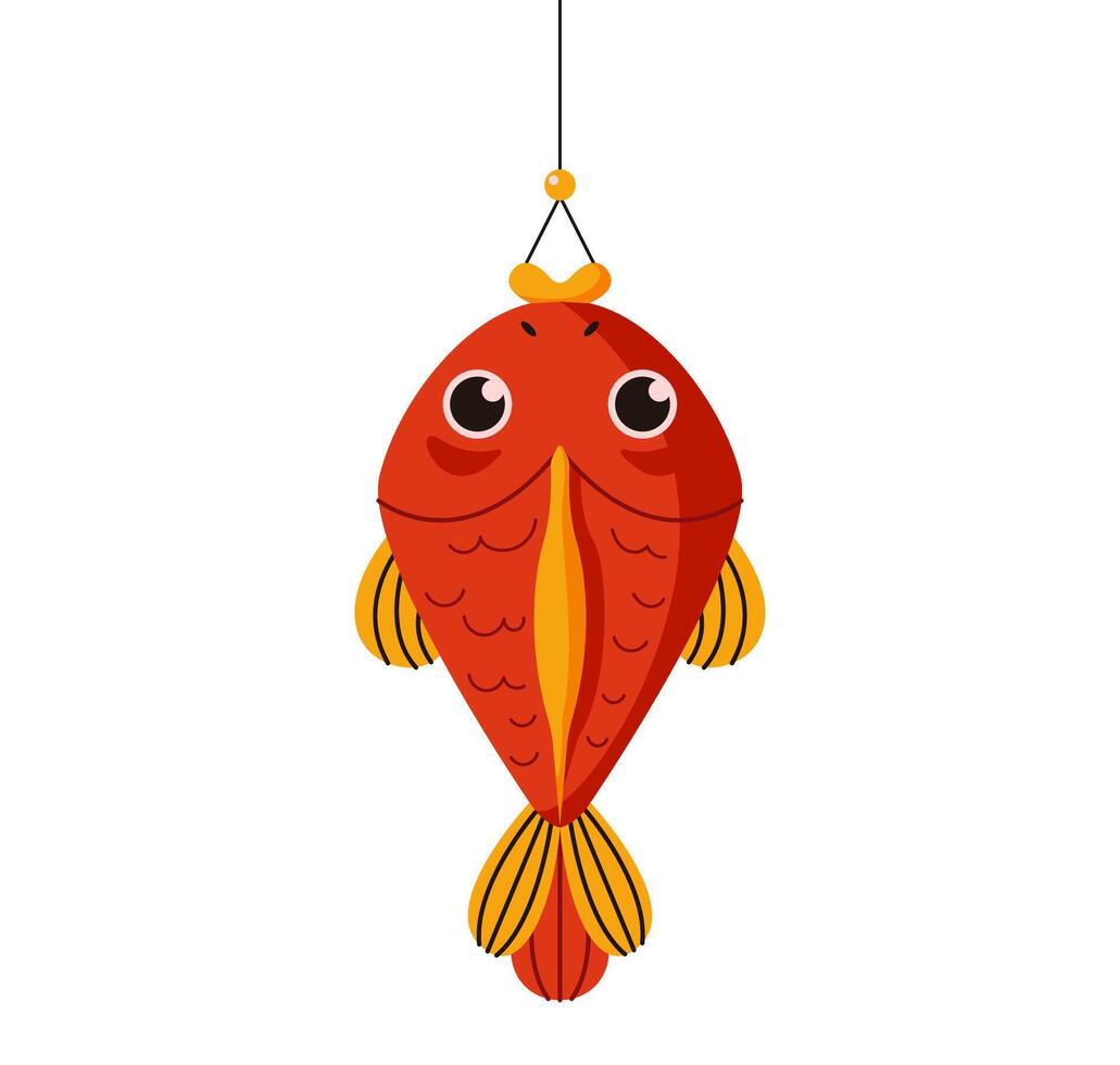Red fish hanging on string for lunar New Year flat color object. Traditional symbol of prosperity and good luck illustration on white vector