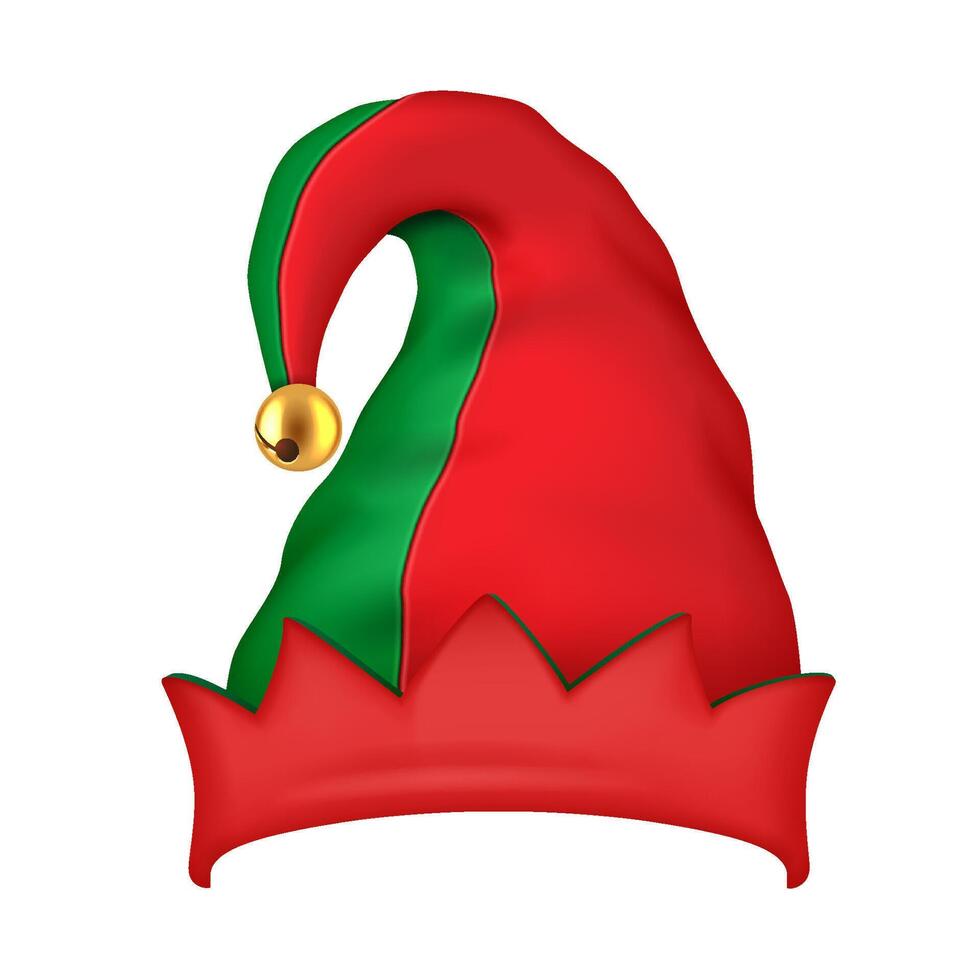 Vibrant Christmas elf hat with golden bell realistic illustration. Festive party costume on holiday season 3d object on white background vector