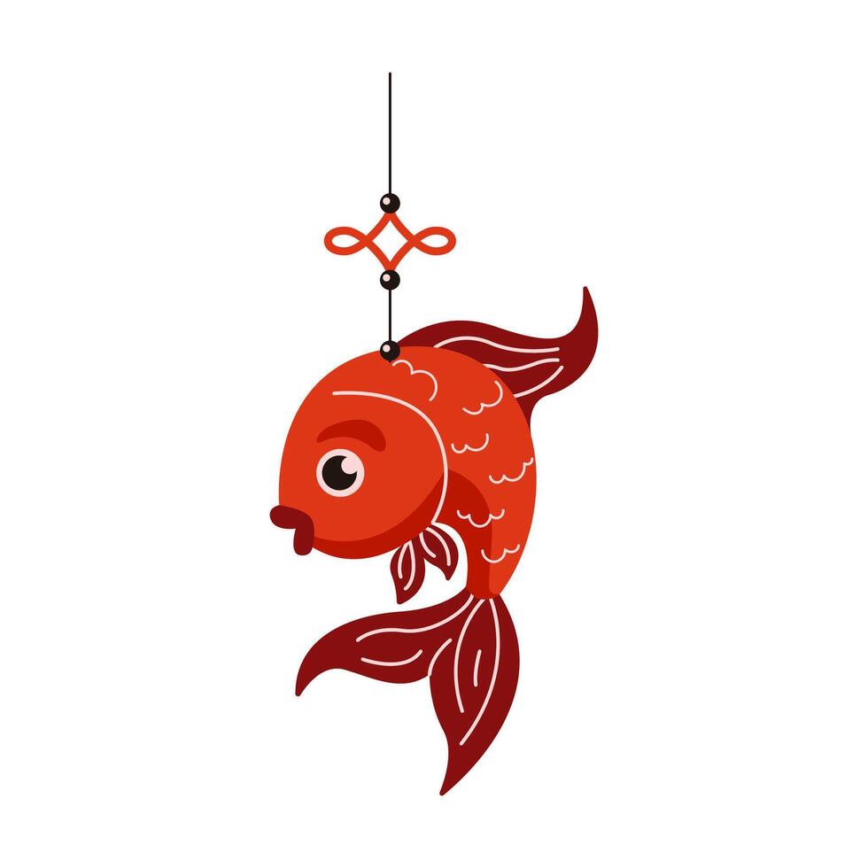 Red ornamental fish with lucky knot flat color object. Celebrating Chinese New Year with fortune signs illustration on white background vector