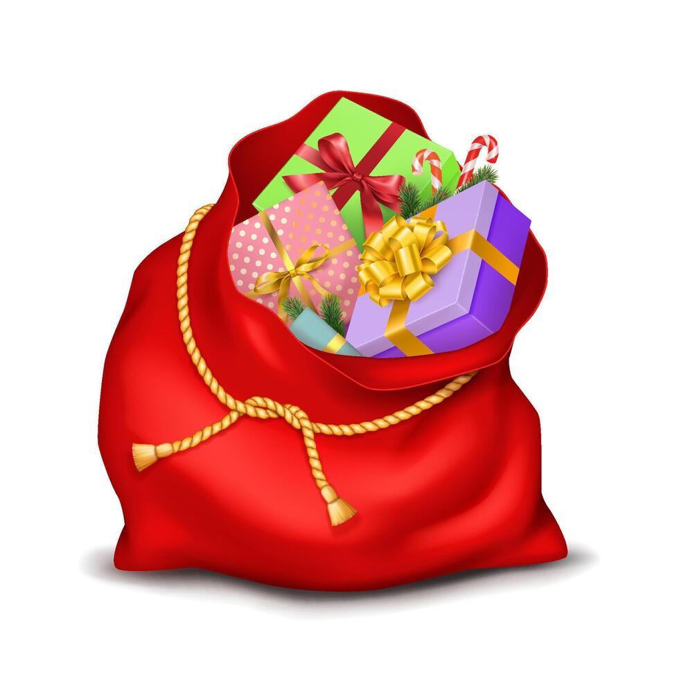 Red Christmas bag overflowed with gifts realistic illustration. Joyful holiday with Santa sack 3d object on white background vector