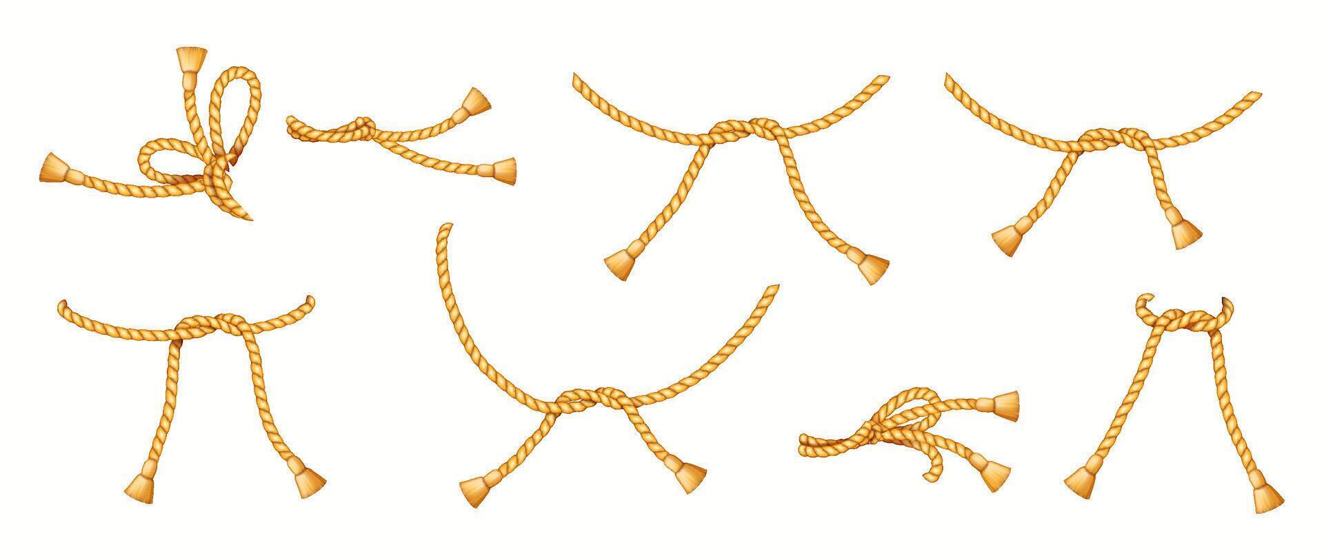 Golden silk ropes tied in various intricate knots realistic color icons set. Elegant tassels on twines 3d objects bundle on white background vector