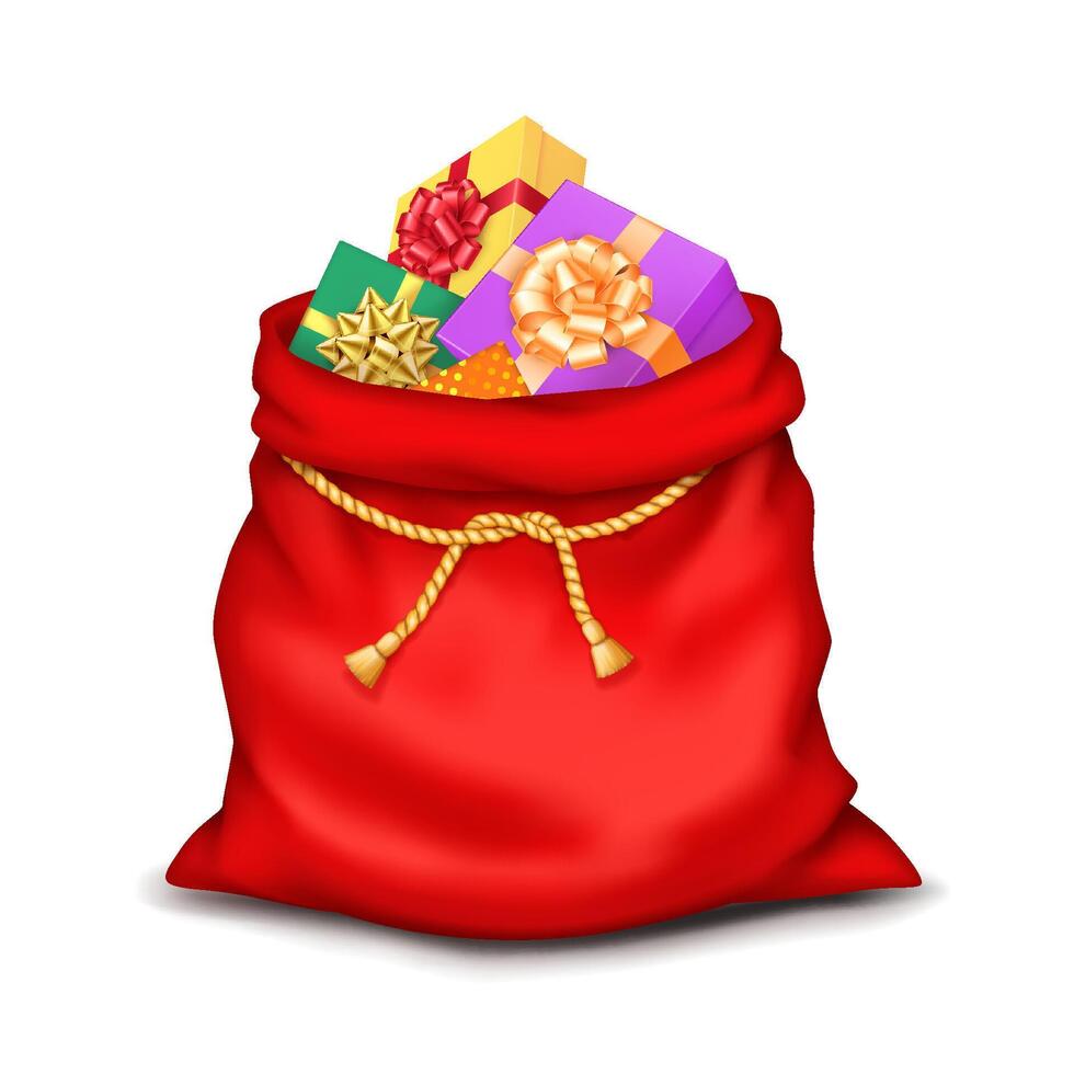 Santa sack overflowed with wrapped gifts tied with ropes realistic illustration. Christmas bag and holiday spirit 3d object on white vector