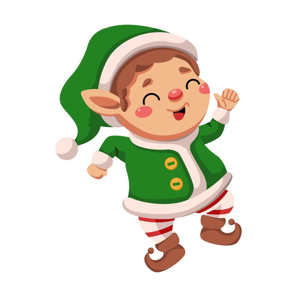 Glad little elf dancing on Christmas party flat color character. Happy little man celebrating New Year illustration on white background vector