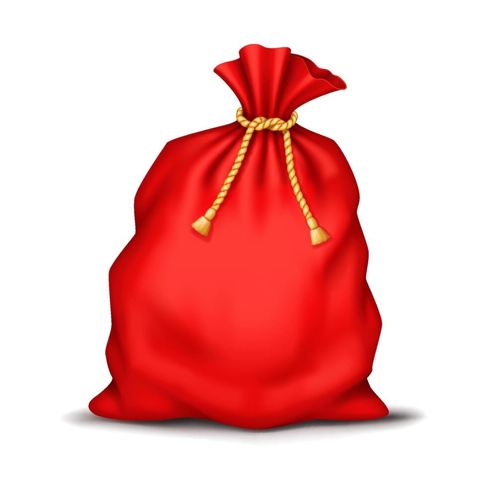 Red Santa sack overflowed with presents realistic illustration. Winter holiday atmosphere for kids 3d object on white background vector