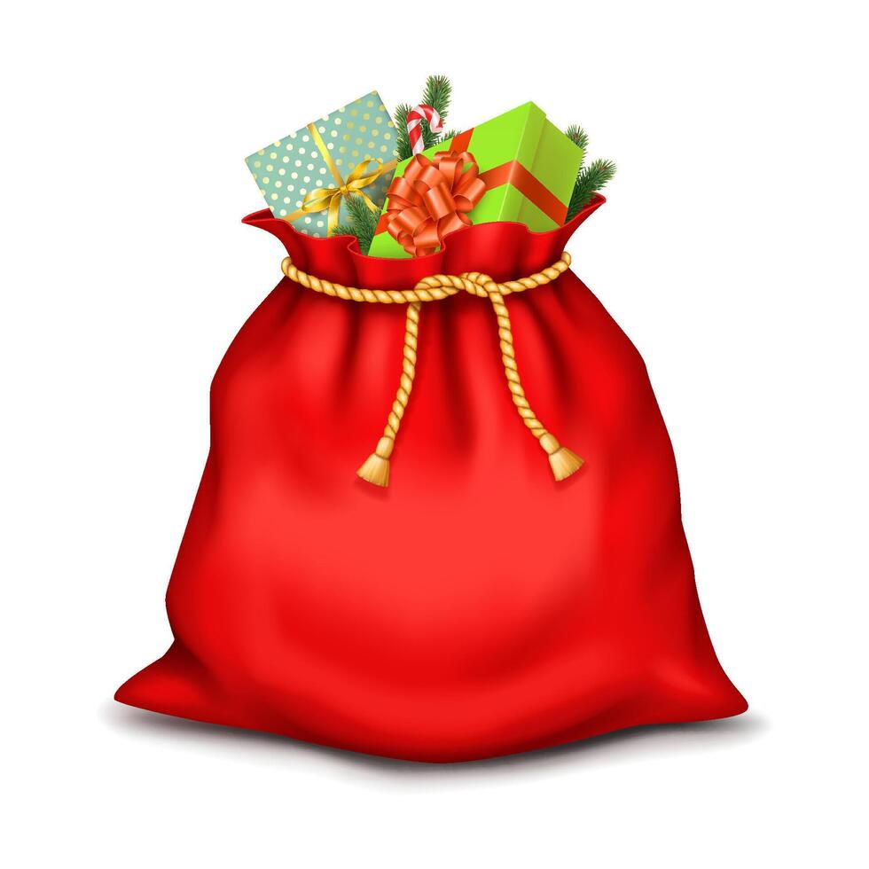 Santa Claus red bag loaded with Christmas gifts realistic illustration. Holiday sack with presents 3d object on white background vector