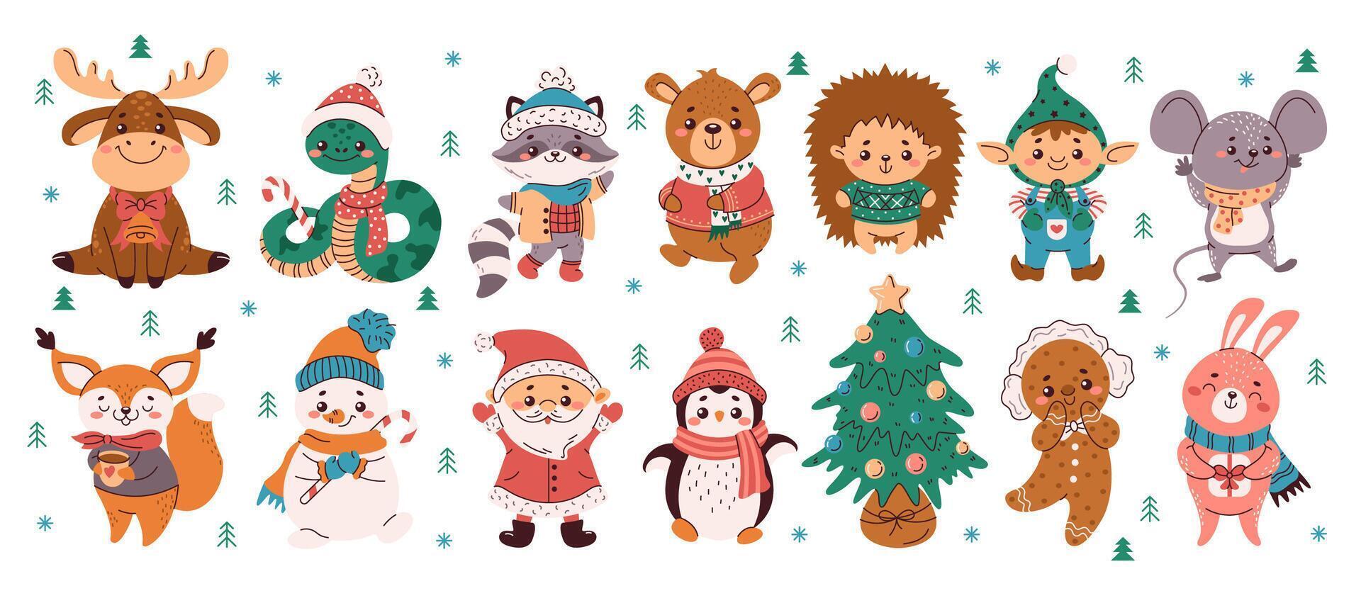 Santa Clause and cute animals flat color characters set. Christmas holiday celebration illustrations bundle on white background vector