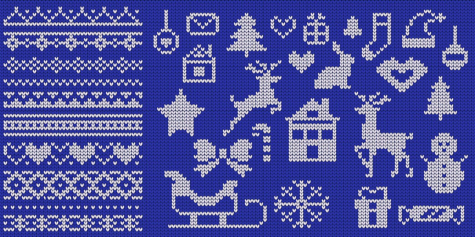 Knitted Christmas patterns and symbols illustrations set on blue background. Traditional New Year holiday design elements collection vector