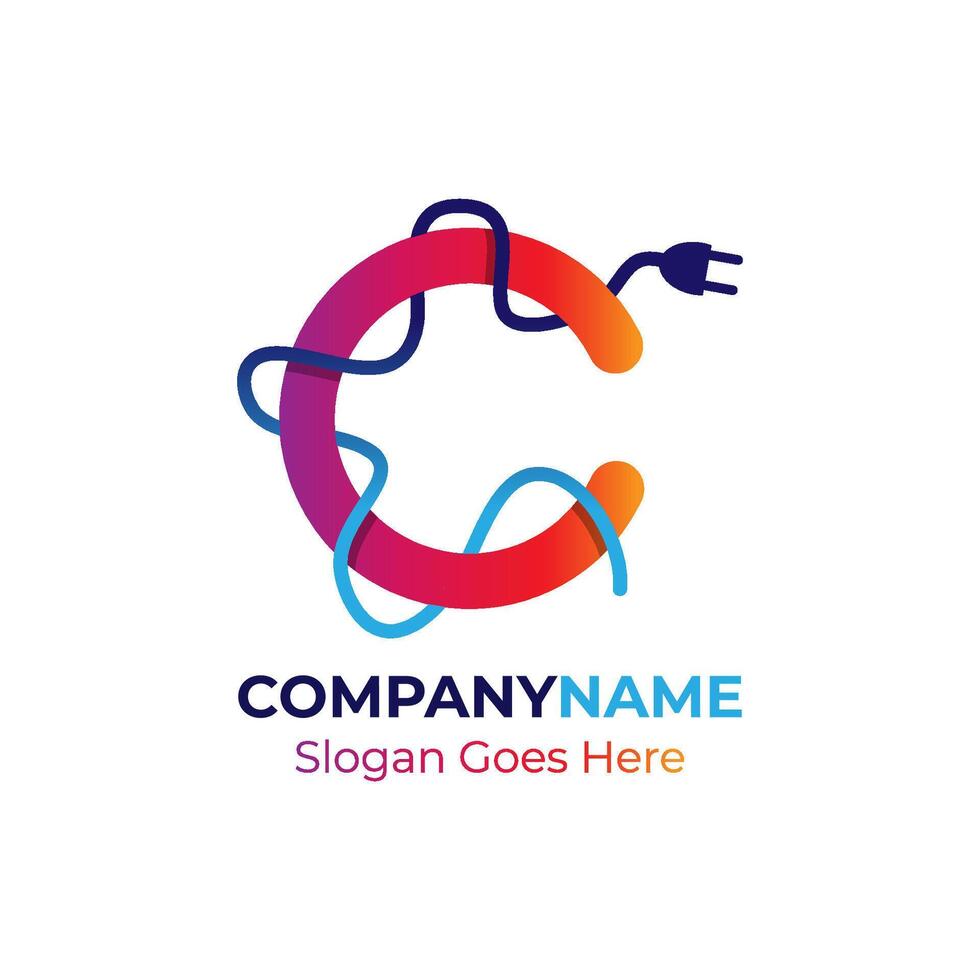 Letter C electrical logo concept with electric plug symbol. Letter C and plug combination colorful design. vector