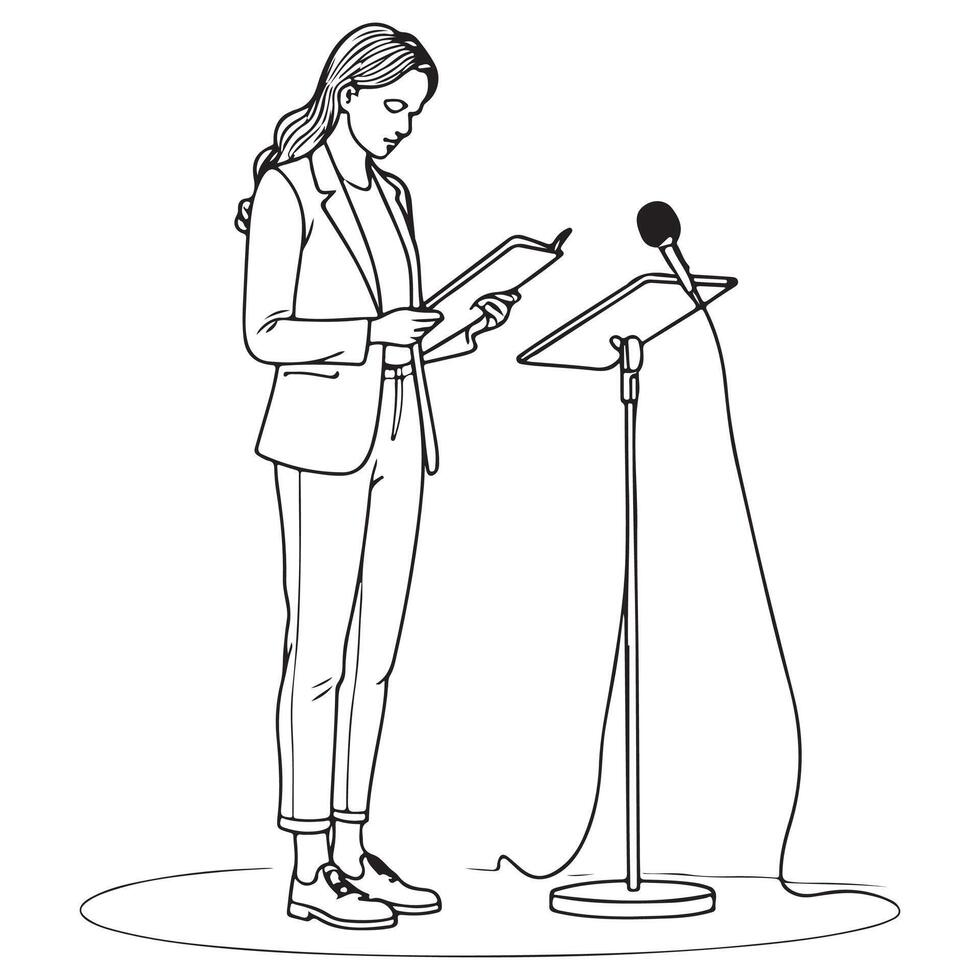 A woman is standing in front of a microphone and holding a piece of paper vector