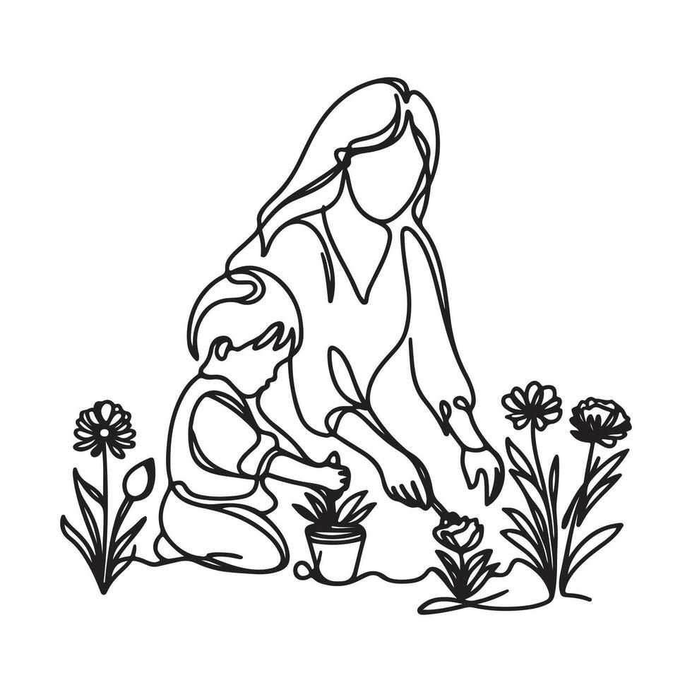 One continuous single drawing black line art doodle of a mother and son planting flower vector