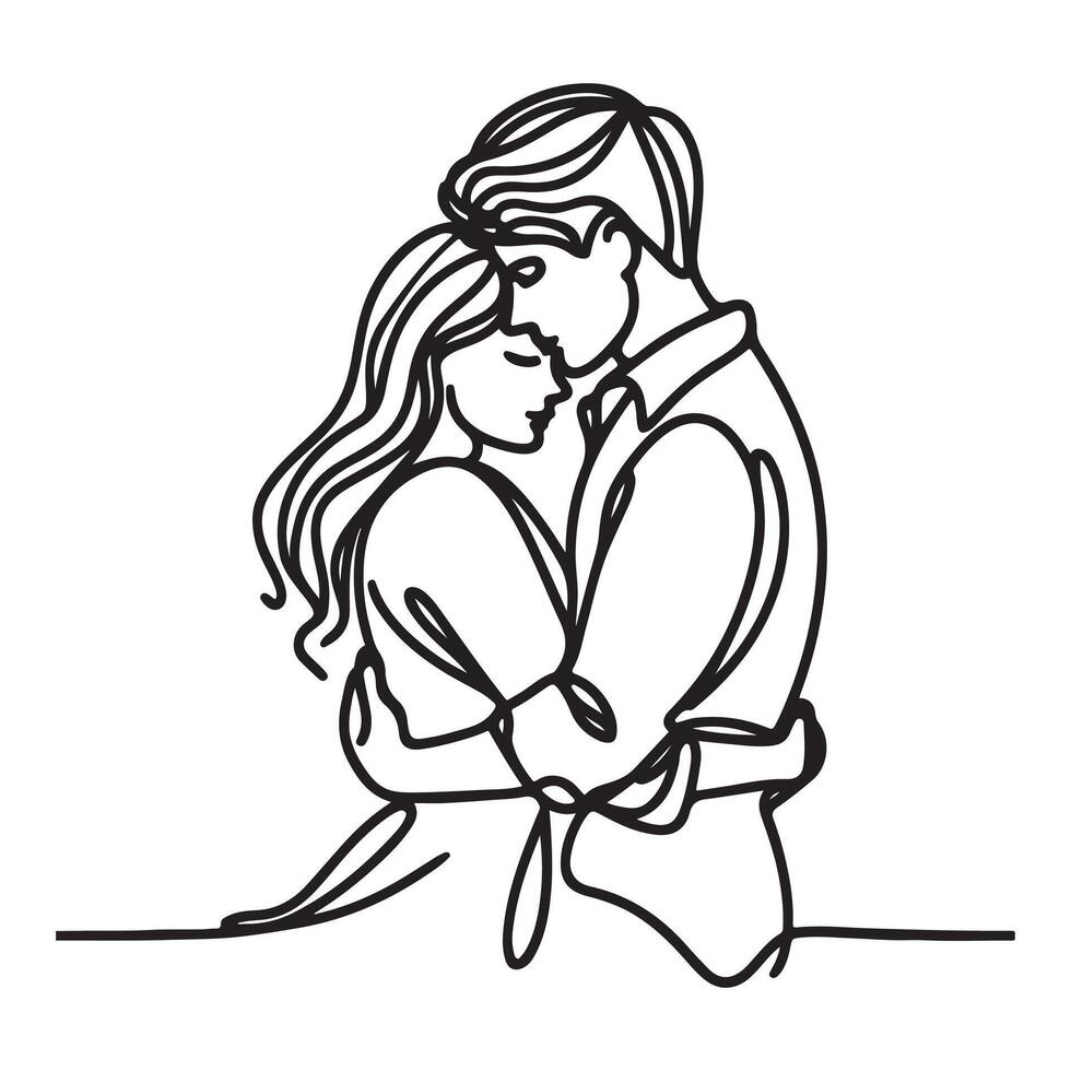 drawing black line art doodle of a couple in hugging in love vector