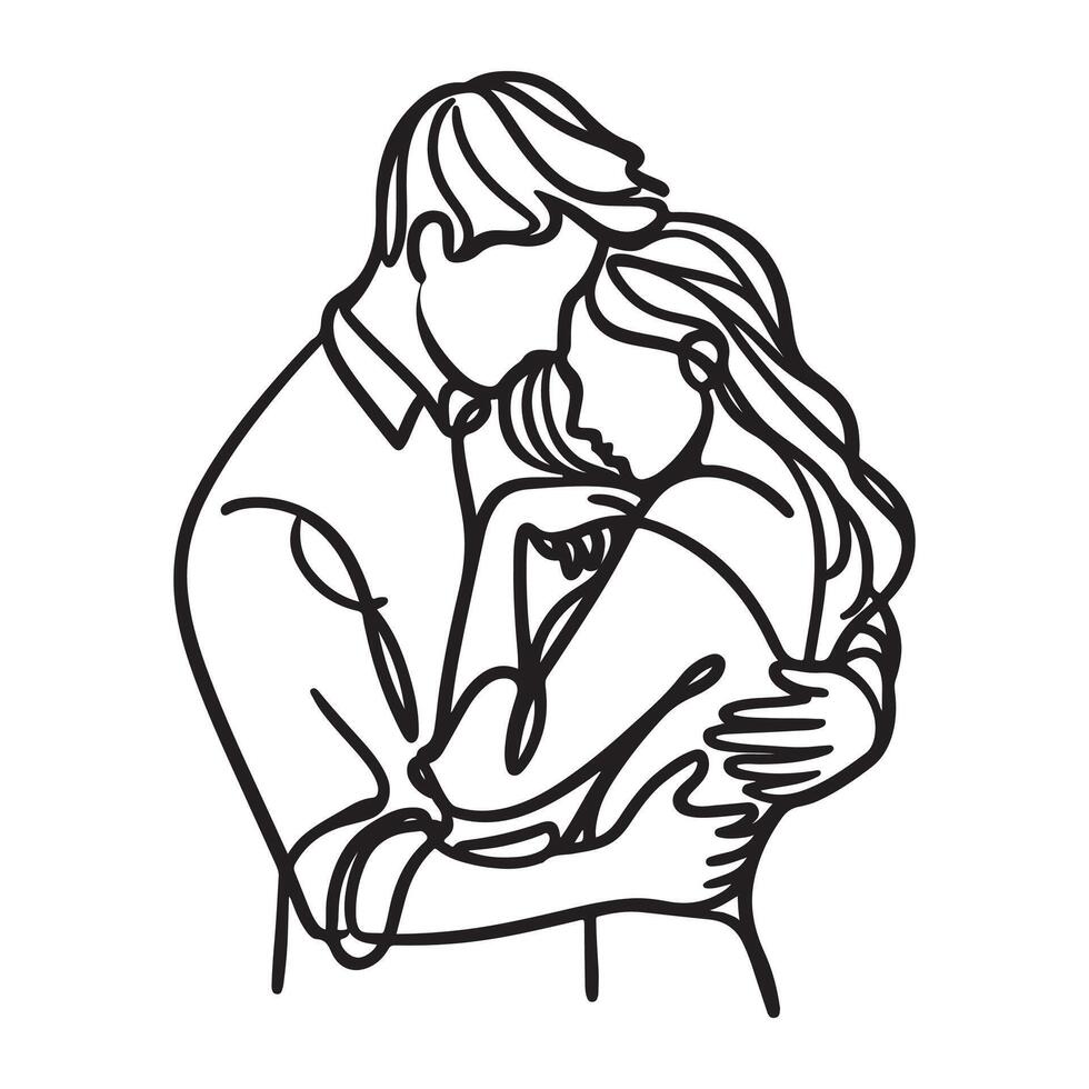 drawing black line art doodle of a couple in a warm embrace hugging vector