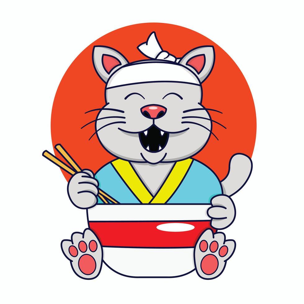 Happy cat eating ramen food logo vector