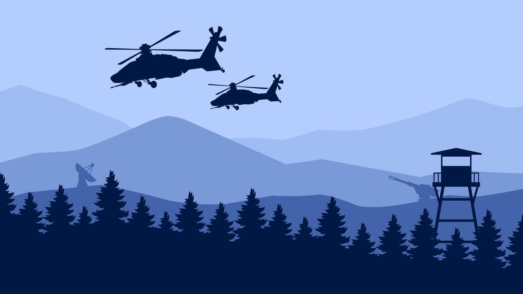 Landscape illustration of military helicopter and watchtower vector