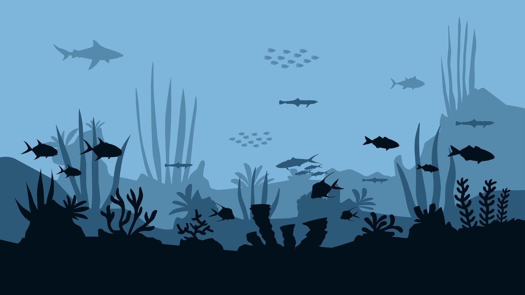 Landscape illustration of seabed with coral reefs and fishes vector
