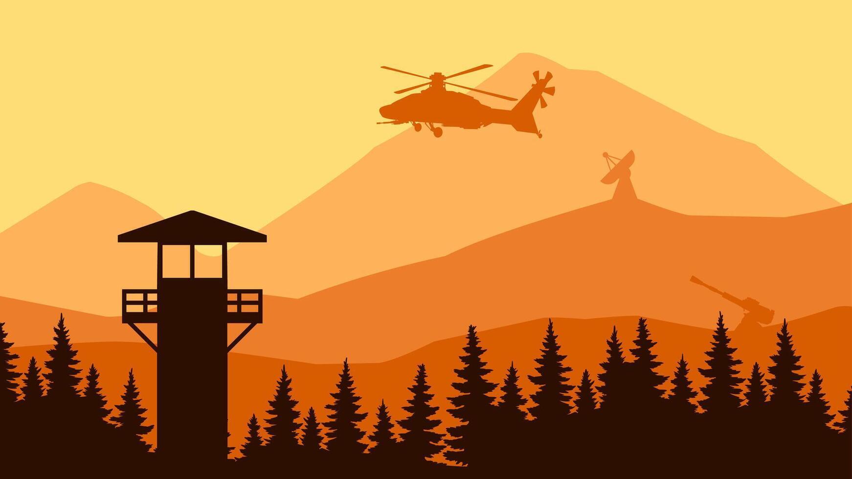 Landscape illustration of military helicopter and watchtower vector