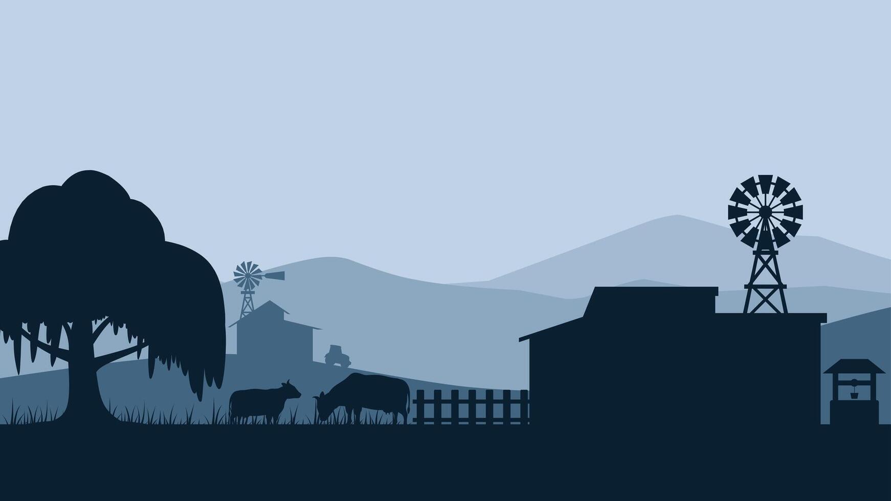 Landscape illustration of farm silhouette with cattle livestock vector