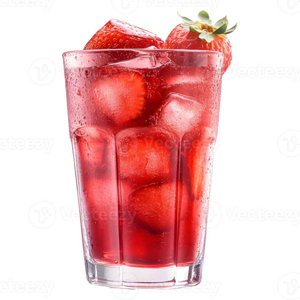 Refreshing Glass of Strawberry Juice with Ice Cubes on Transparent Background png