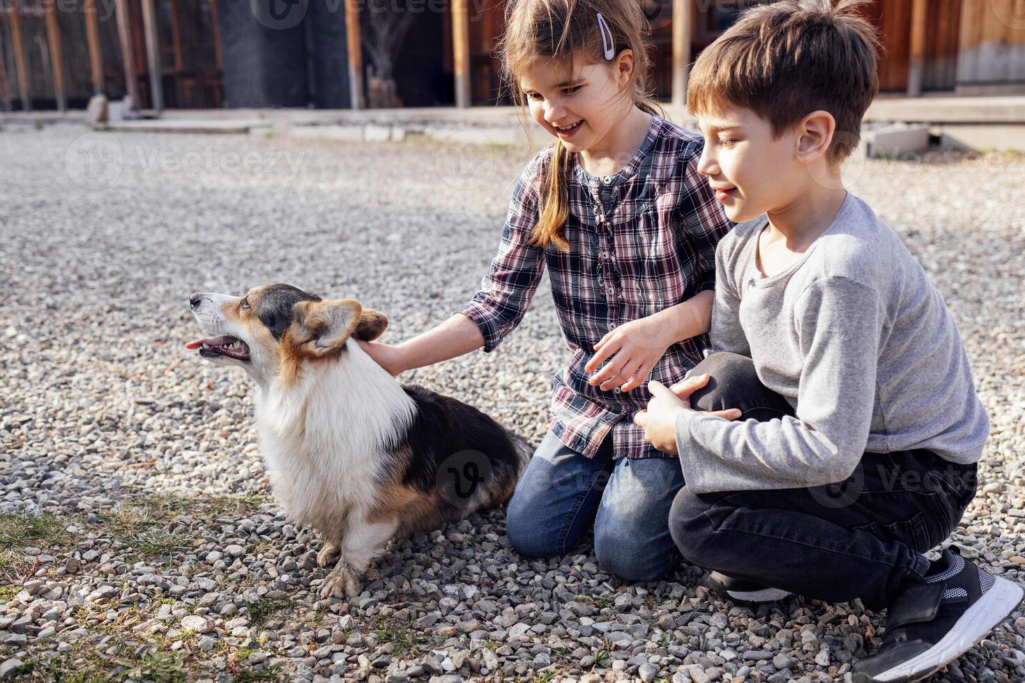 A little girl and a boy pet their corgi puppy outside. Cute kids in casual clothes are laughing and playing with their dog. photo