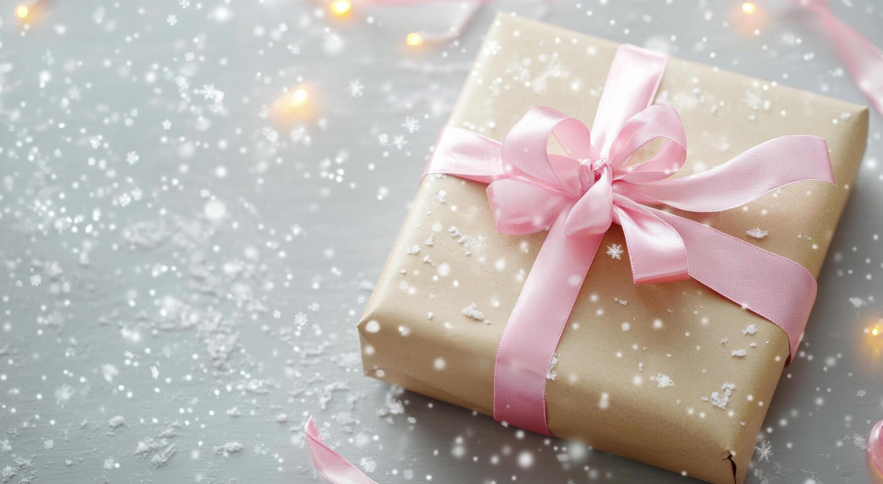 Gift wrapped in brown paper with pink ribbon rests on a snowy surface during winter celebration photo