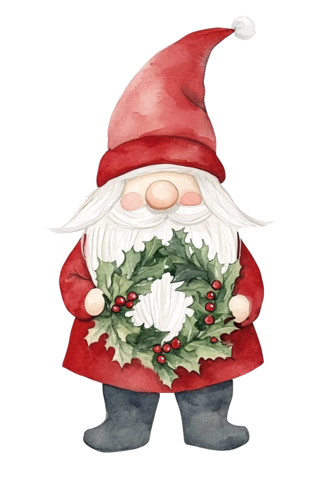 A watercolor illustration of a santa claus holding a wreath png