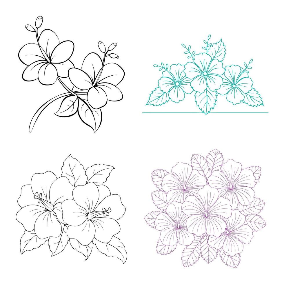 Hand-drawn Hibiscus flower coloring book page line art for children and adults vector