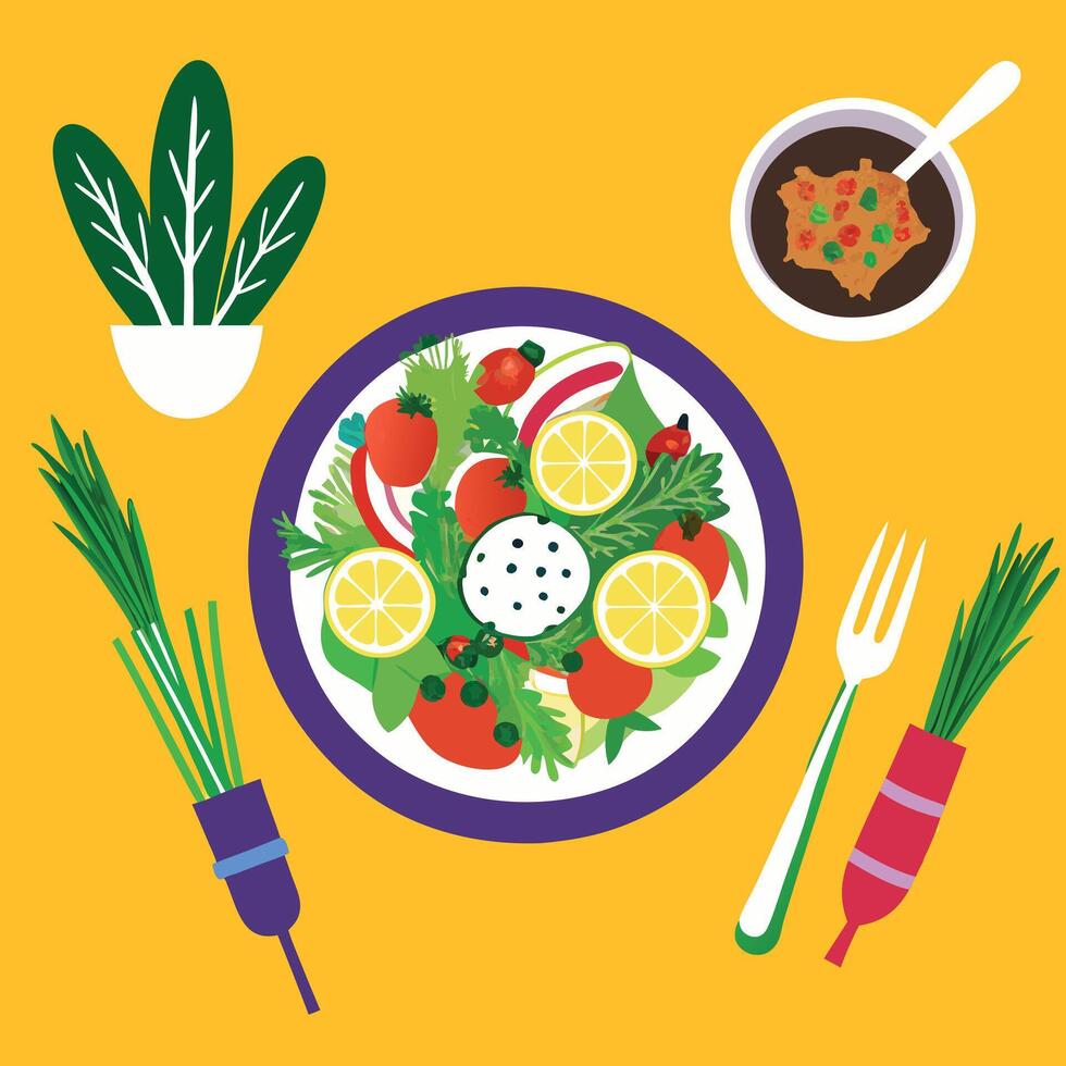 Healthy vegetarian meal illustration on yellow background vector