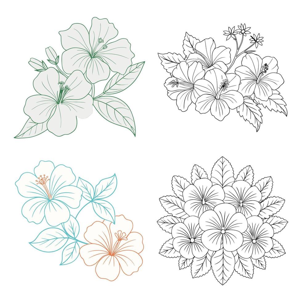 Hand-drawn Hibiscus flower coloring book page line art drawing for children and adults vector