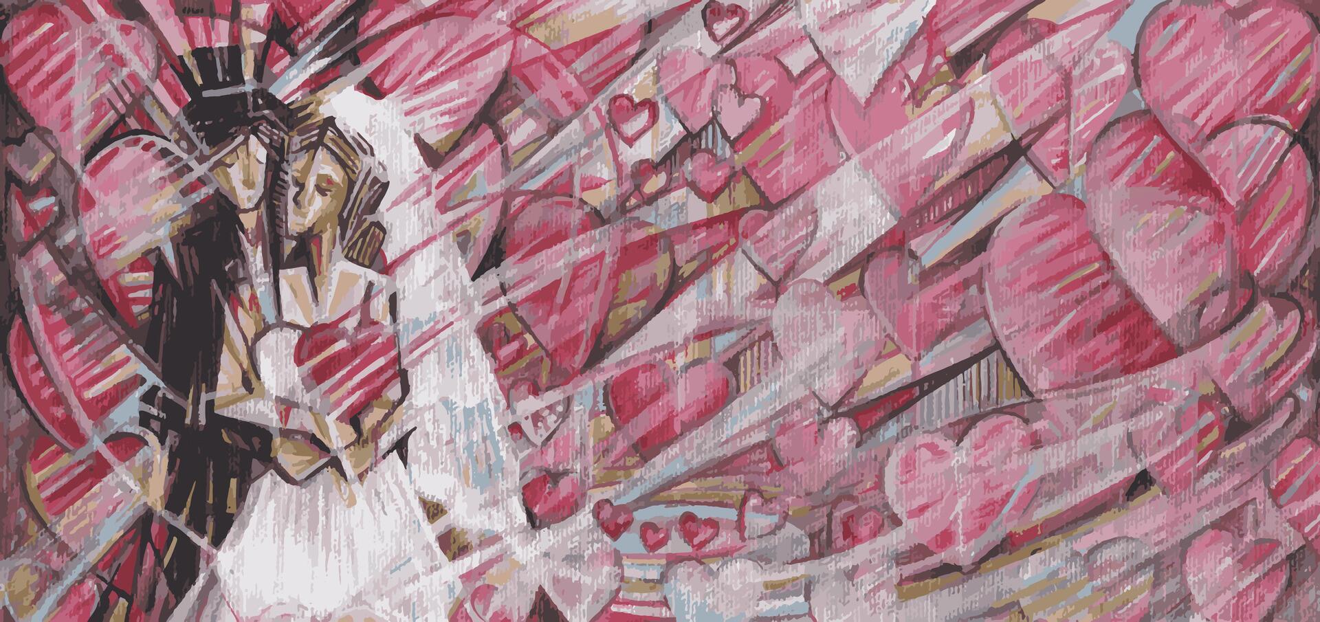 Couple love weding abstract art valentine day design by hand painting and make graphic . vector