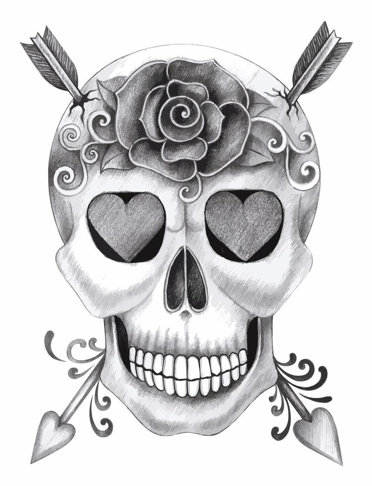 Love and mortality skull day of the dead design by hand drawing on paper and make graphic . vector