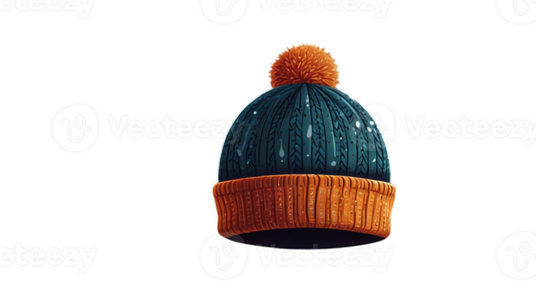 A knitted hat with orange and blue pom poms png