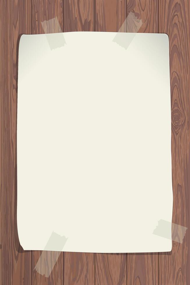 Blank old paper poster stuck with adhesive tape on Cut timber panels background graphic illustration. vector