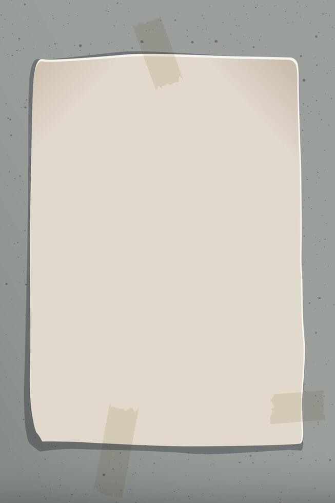 Blank old paper poster stuck with tape on cement wall background graphic illustration. vector