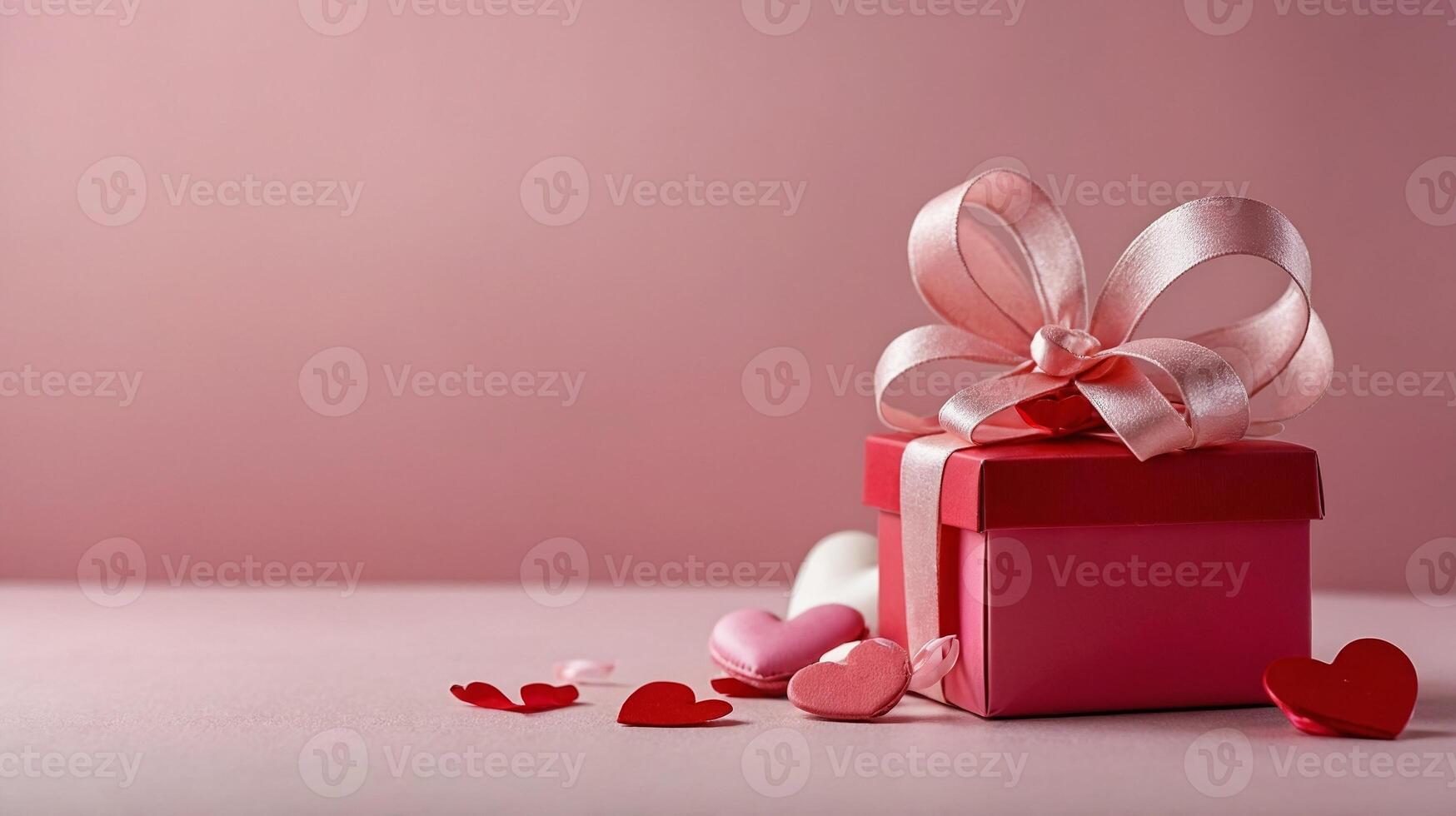 Pink gift box with red ribbon surrounded by roses and red heart shapes on a gradient pink background, concept of romance. Valentines day photo