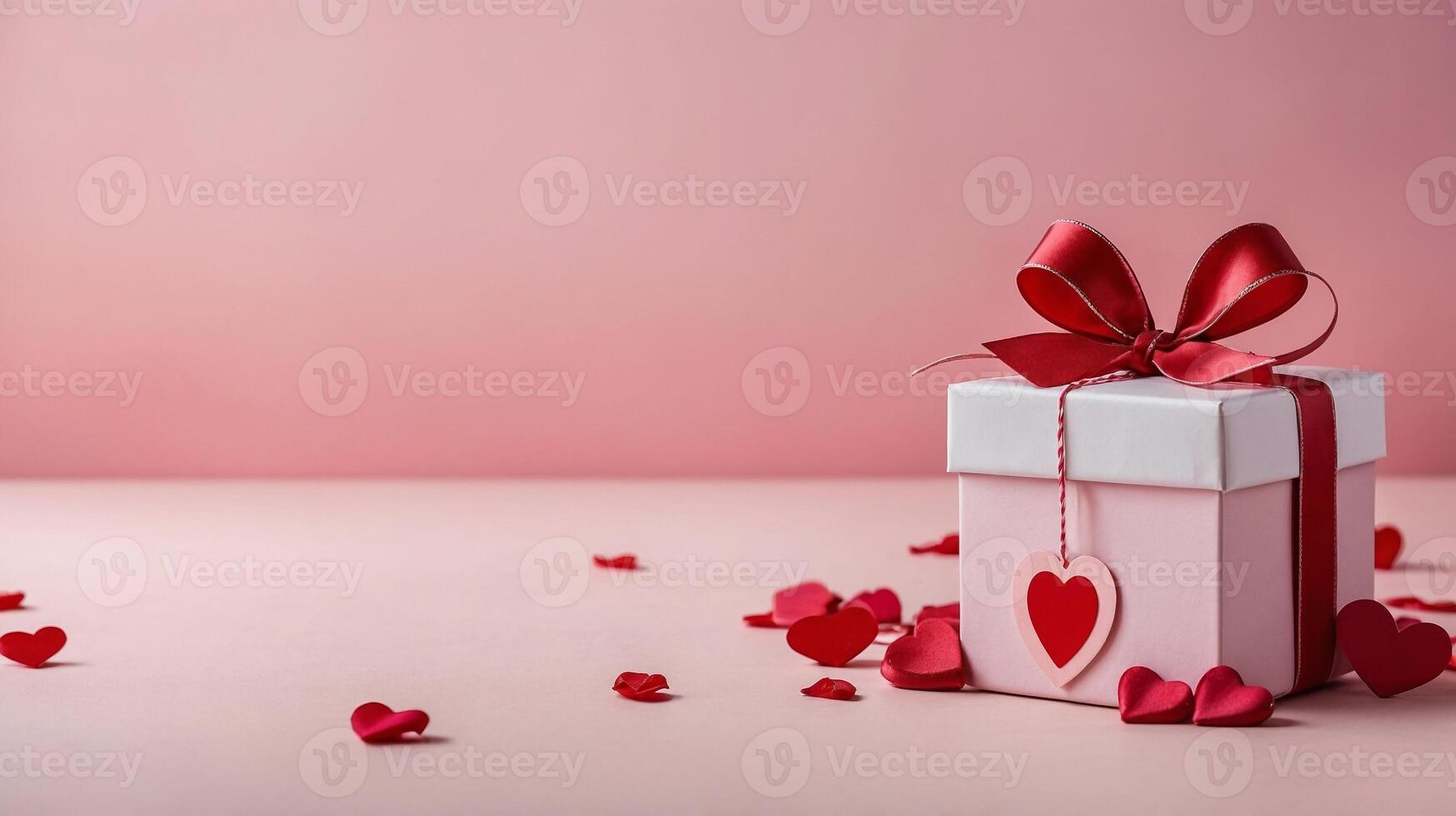 Pink gift box with red ribbon surrounded by roses and red heart shapes on a gradient pink background, concept of romance. Valentines day photo