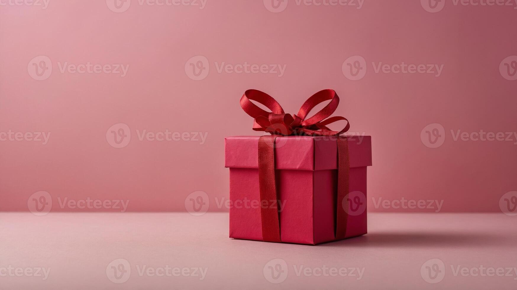 Pink gift box with red ribbon surrounded by roses and red heart shapes on a gradient pink background, concept of romance. Valentines day photo