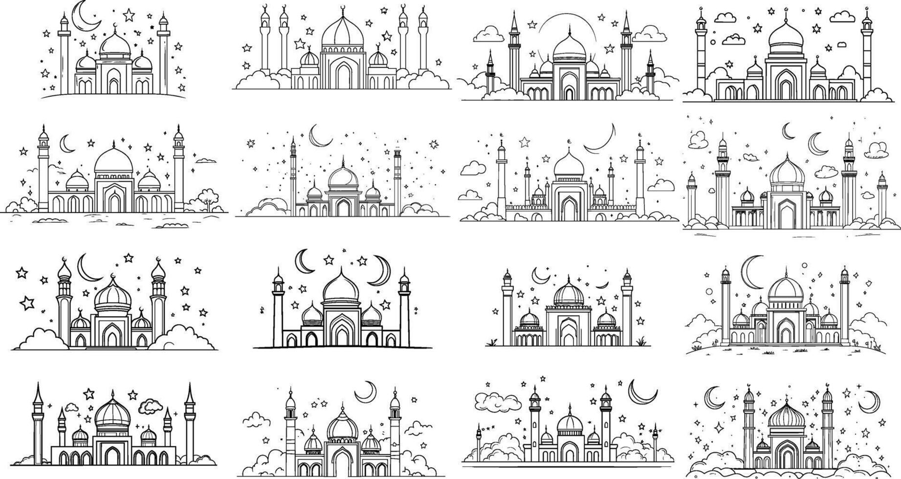 Mosque Line Art Illustrations, Islamic Architecture with Stars, Moons, and Minarets vector