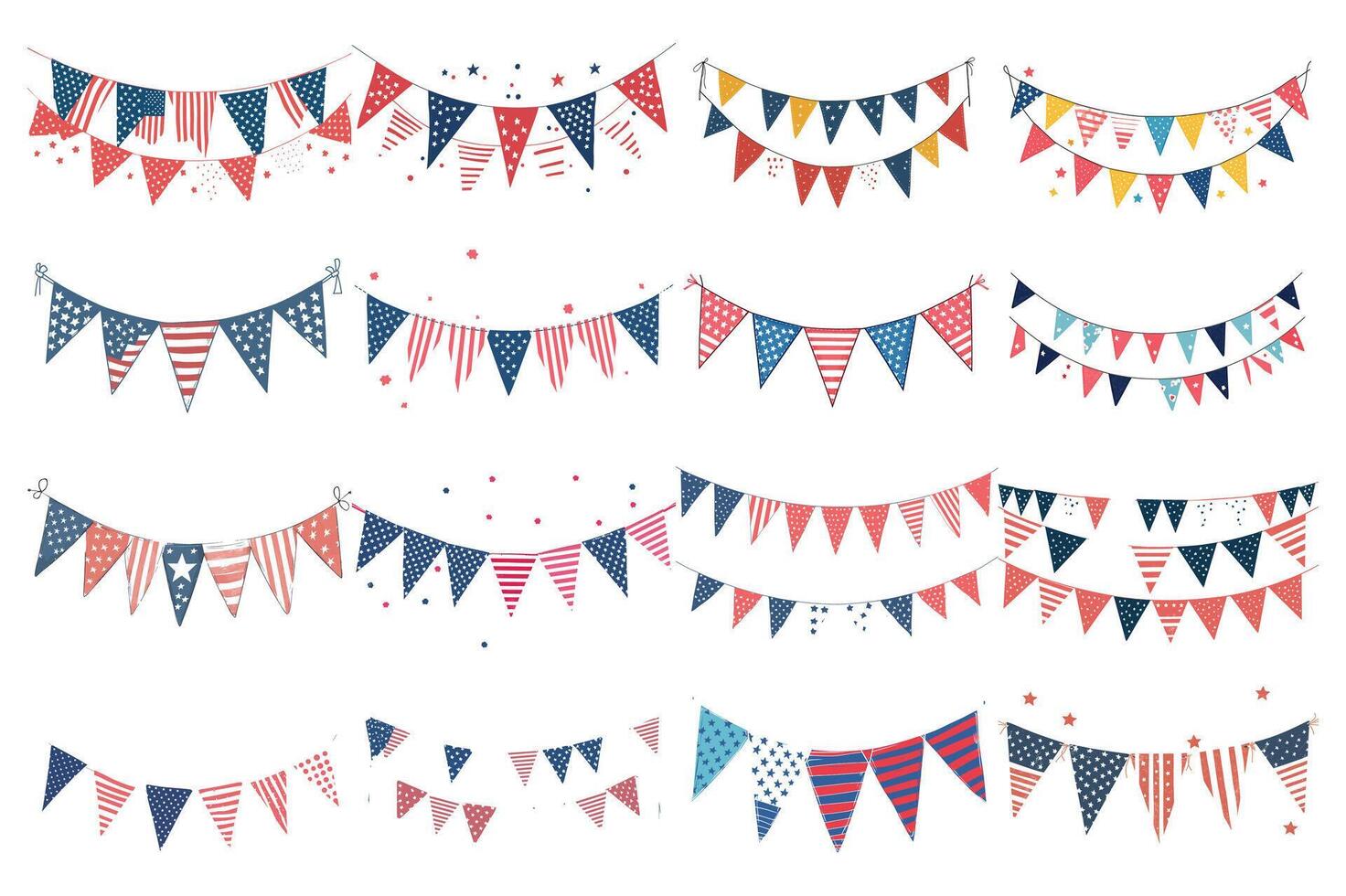 Patriotic Bunting Flags Illustrations, Red, White, and Blue Decorations for Celebrations and Festive Events vector