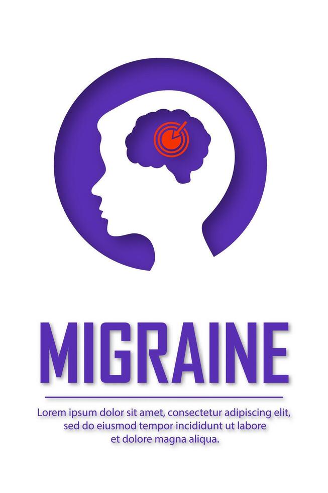 Migraine poster. Conceptual illustration of head pain in people of different ages. White poster with a silhouette of a child. Illustration in paper cut style vector