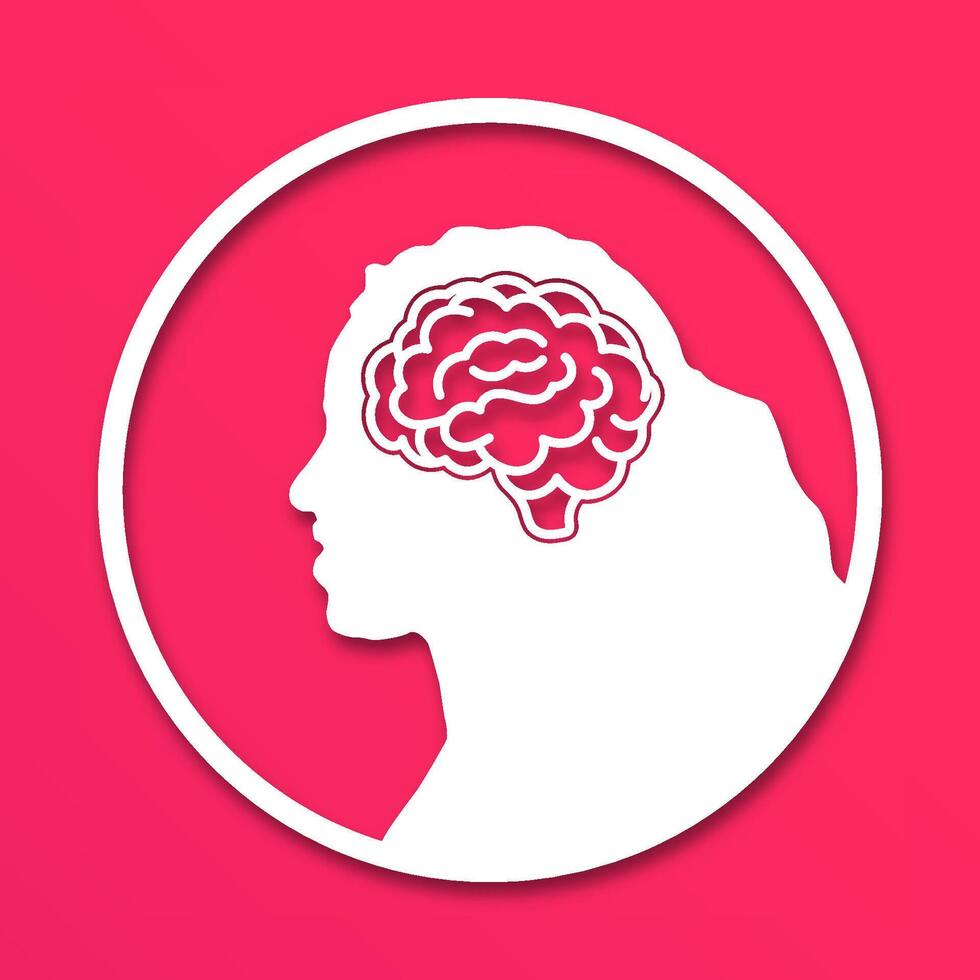 The head of a woman or girl is in a circle. Medical concept icon of diseases of the brain, psychological disorder. Paper cut style icon with shadow. vector